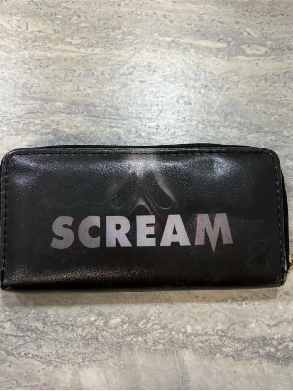 Black Graphic Zip-Around Wallet with Masked Scream Design